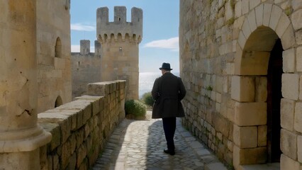 constricted cobblestone walkway running beside the defensive ramparts of historic coastal town journey