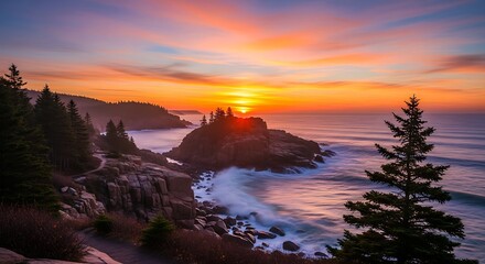 Sunrise over Rocky Coastline with Waves.
