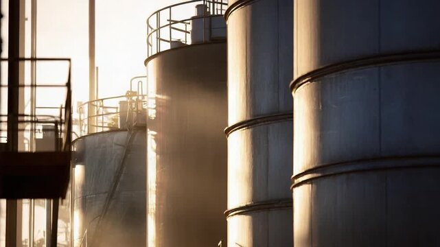 Industrial plant scene with large cylindrical storage tanks, metal walkways, and piping, lit by warm sunlight.