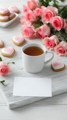 cup of tea with pink roses and heart cookies is styled with a blank white card.