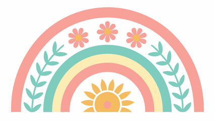 Charming pastel rainbow with flowers and a radiant sun, isolated on white background, ideal for whimsical designs and joyful themes