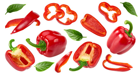 sliced red sweet bell peppers isolated on white background. clipping path