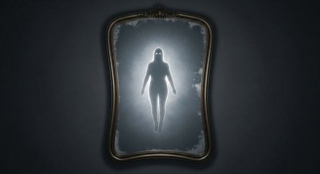Glowing figure in an antique mirror creating an eerie and ethereal atmosphere