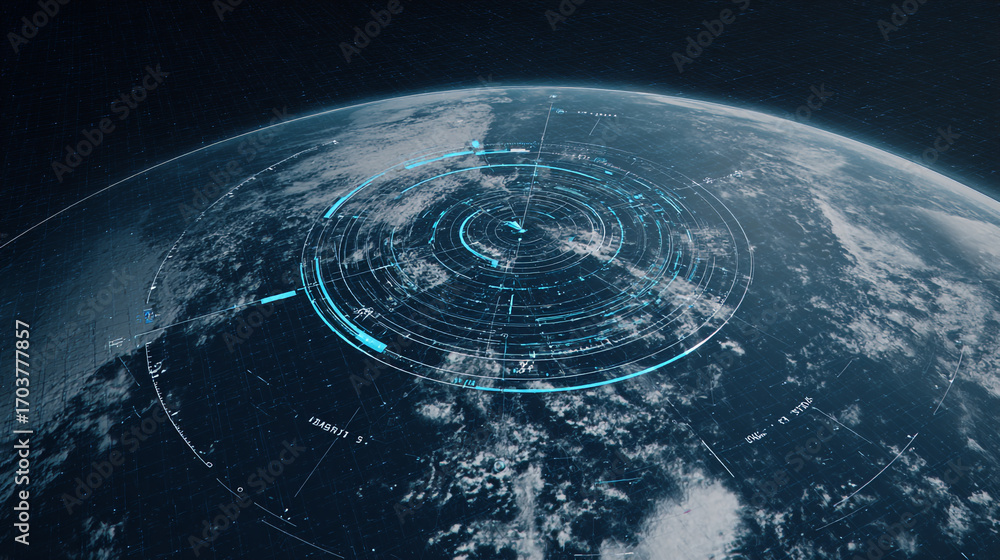 Poster global digital radar overlay on earth showing weather patterns and data