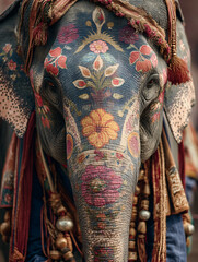 Naklejka premium Close-up portrait of a festival elephant in Chitwan, Nepal. Painted face with vibrant floral patterns, adorned with embroidered fabrics and bells. 