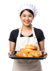 A Smiling Baker Holding Fresh Baked Goods: A cheerful baker, adorned in a classic hat and apron, proudly displays a tray of freshly baked bread and croissants.