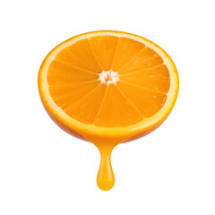 Juicy Orange Slice: A close-up shot of a ripe orange half, bursting with freshness. a single drop of vibrant juice gracefully cascades, encapsulating the pure essence of citrus.