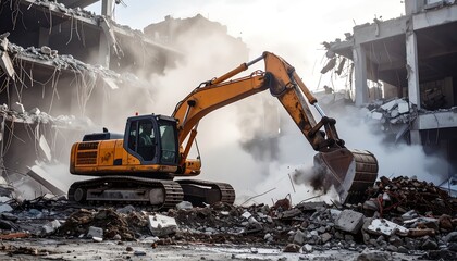 Excavator working on building demolition site with dust and debris.