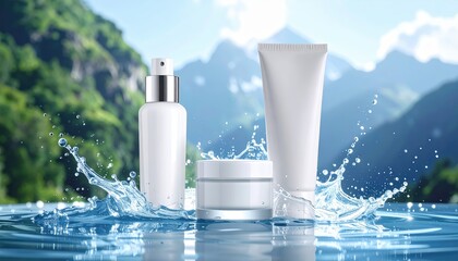 Skincare Bliss in the mountains: A serene composition of cosmetic product bottles and jars is presented against the backdrop of pristine mountains and fresh water.