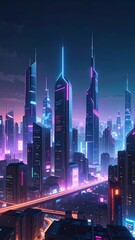 City of Lights: An eye-level photograph presents an urban panorama, skyscrapers illuminating a futuristic cityscape, colored with vivid neon lights, under a vibrant nighttime sky. 