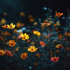 A moody close-up captures a cluster of yellow and orange wildflowers, their petals glistening with dew, set against a dark, blurred background of foliage