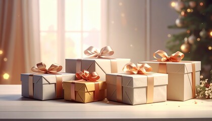 Festive Gifts and Celebrations: Elegant gift boxes tied with satin ribbons sit prettily. These presents against a cozy, inviting ambiance. conveying a sense of warmth, joy.