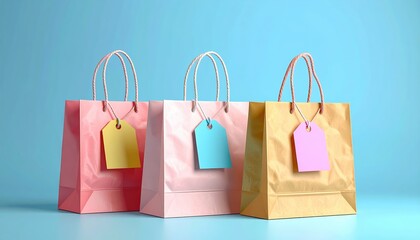 A Trio of Shopping Delights: Three elegantly colored shopping bags stand in a row, their blank price tags whispering promises of retail discovery and delightful purchases.