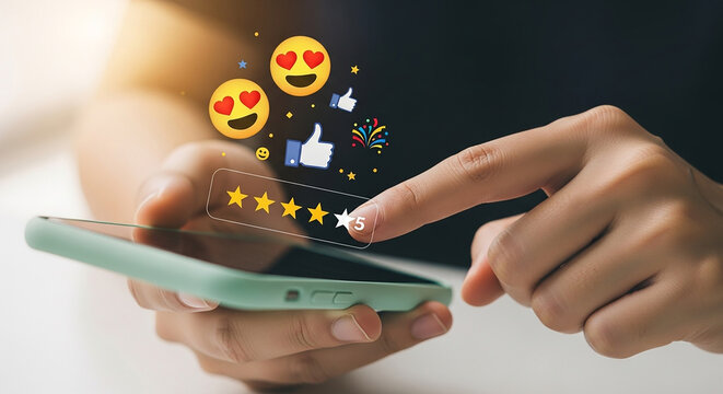 Hands-on Feedback: Person Interacting with mobile phone displaying glowing emojis, star ratings, and thumbs-up icons, highlighting the interactive nature of digital interfaces, social media platforms.