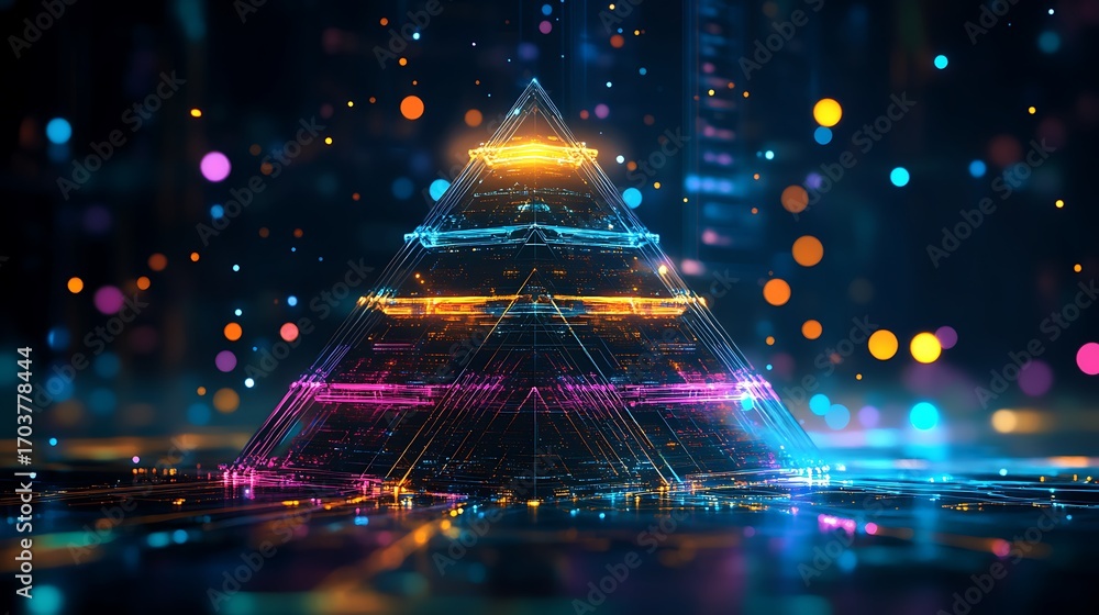 Poster a neon digital pyramid with each tier representing deeper encryption protocols