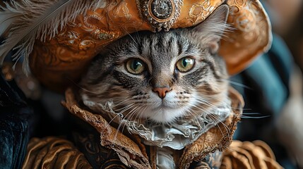 A regal cat adorned in ornate historical costume and a feathered hat exuding sophistication
