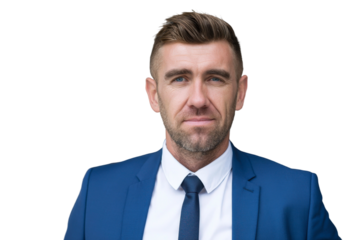 Confident Businessman in a Blue Suit and Tie Posing for a Professional Portrait Against a Transparent Background, Ideal for Corporate Branding and Marketing Materials