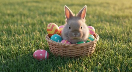 Cute bunny in Easter basket with eggs