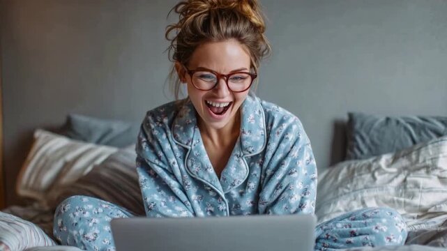 Excited Moment with Laptop: A young woman, brimming with delight, wearing glasses and cozy pajamas, reacts ecstatically while engaging with her laptop on a comfortable bed.