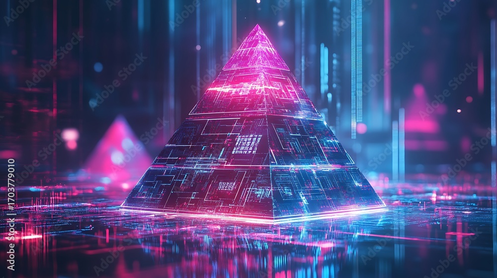 Poster a neon digital pyramid with each tier representing deeper encryption protocols