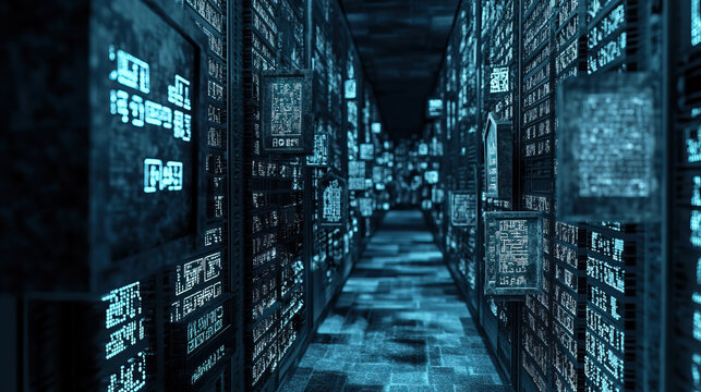Server farm arranged like graveyard, tombstone-shaped servers with epitaph QR codes - Powered by Adobe