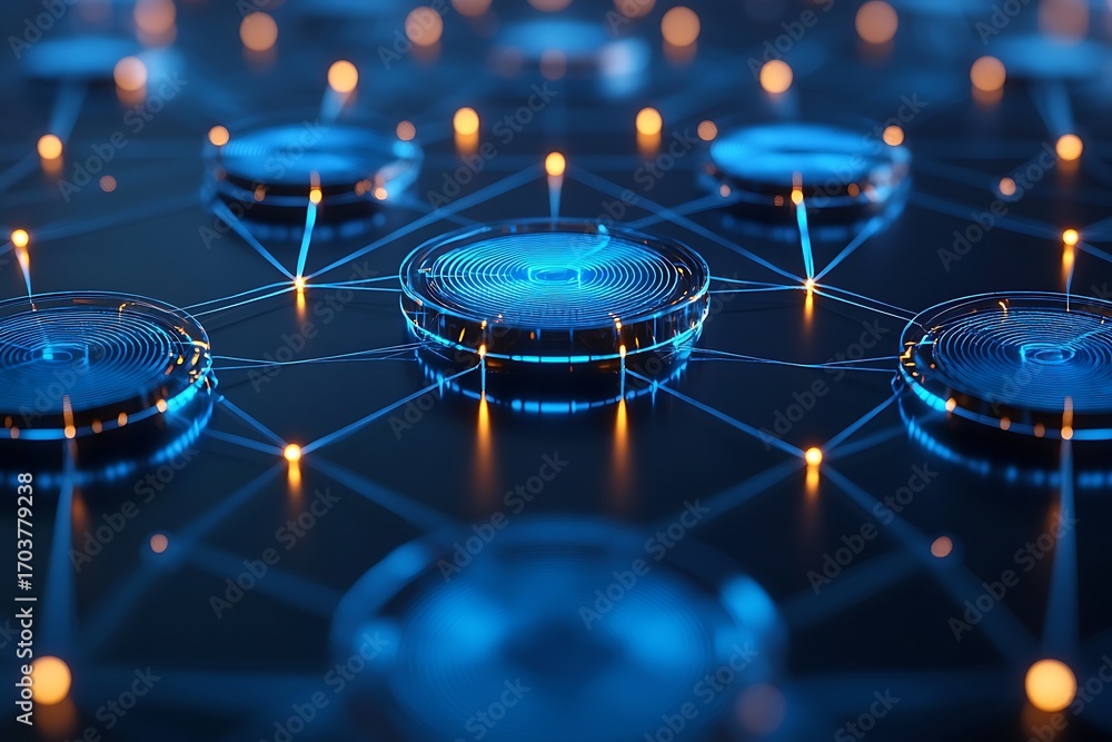 Poster a network core surrounded by concentric encryption circles in metallic blue