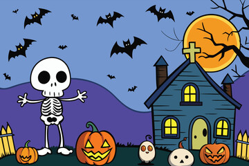 A children's cartoon style Halloween background featuring a cute skeleton ghost, a house, and pumpkins. Bats flying in the sky. Vector illustration.