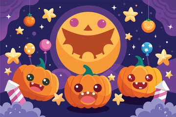 Cute Halloween background with pumpkins with smiling faces and candies. Cartoon style. Vector illustration.