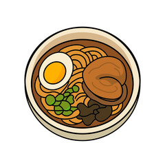 Traditional Japanese Ramen Noodle Soup Bowl with Egg and Pork Illustration