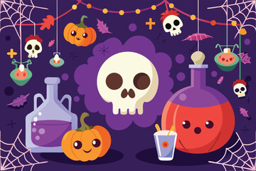 A cute Halloween background featuring a pumpkin with a smiling face and a hanging white skull with spider webs. Cartoon style vector illustration.