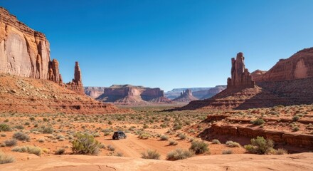 Fototapeta premium Desert landscape with sandstone buttes, a vehicle, and a vast vista