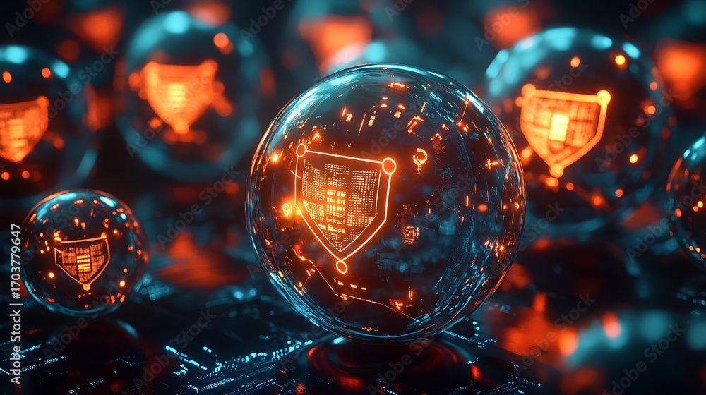 Poster a series of data bubbles, each wrapped in glowing digital encryption shields