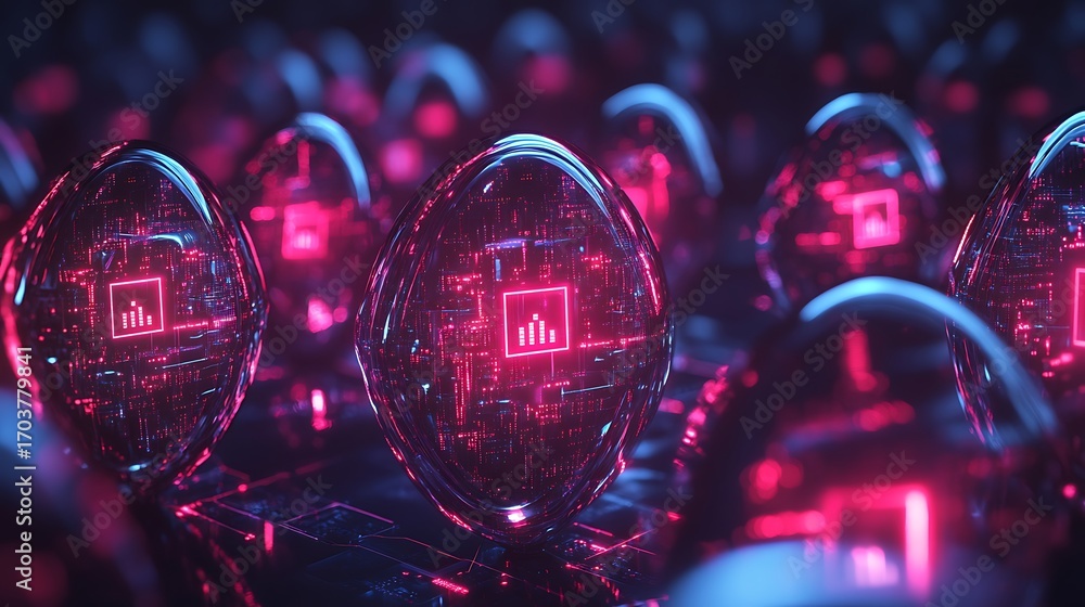 Poster a series of data bubbles, each wrapped in glowing digital encryption shields