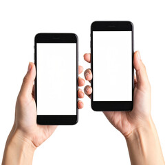 Two black smartphones held in hands, blank screens (3)