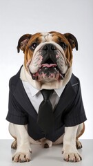 Dog in a suit, looking up