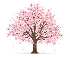 Fototapeta premium A full-bloom pink cherry blossom tree, petals gently falling against a white background, simple, vector-style illustration