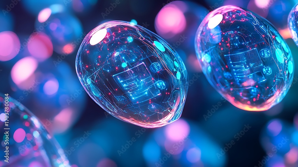 Poster a series of data bubbles, each wrapped in glowing digital encryption shields