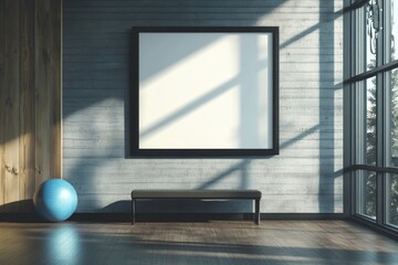 Vacant gallery with a large frame and ball