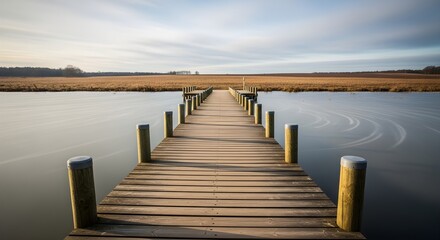 Fototapeta premium Wooden Pier Over Lake long exposure feel in open field photo