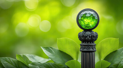 Wooden wizard staff with crystal tip glowing intensely, carvings of mystical creatures