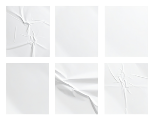 Six crumpled white poster sheets.  Realistic, high-resolution digital illustration of creased, paper-like surfaces.  Gridded design