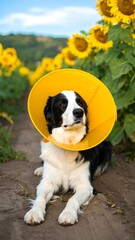 Dog in a yellow cone in a sunflower field