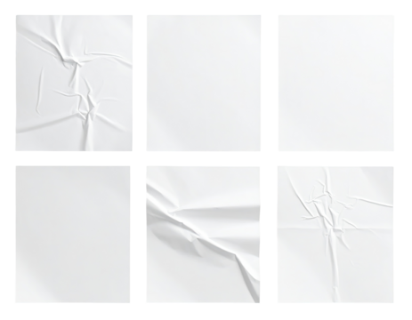 Six crumpled white poster sheets.  Realistic, high-resolution digital illustration of creased, paper-like surfaces.  Gridded design