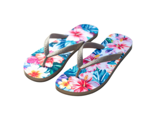 Tropical Hibiscus Flip-Flops on Sandy Beach Isolated on Transparent Background PNG