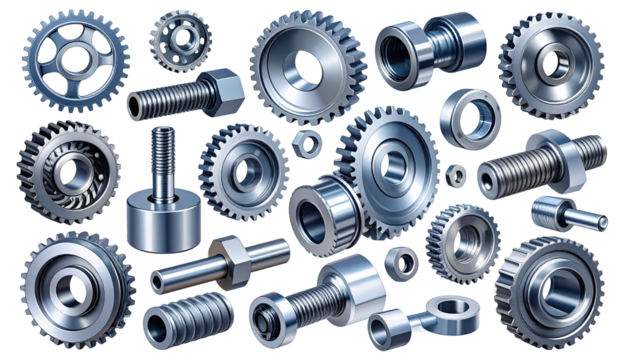 Metal gears, bolts, nuts, and other mechanical components