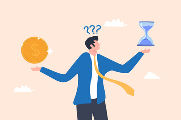 Illustration of money on the left side and an hourglass on the right side with a question mark above a person’s head, symbolizing choice, time, and financial decision-making.