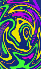 Dynamic, psychedelic background featuring a swirling pattern of bold neon shapes in green, yellow, pink, and purple on a dark blue backdrop.