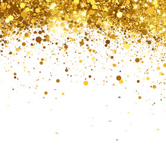 Golden glitter confetti falling on black background