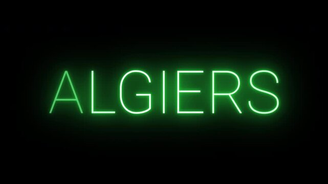 Flickering neon green Algiers sign animated on black background.
