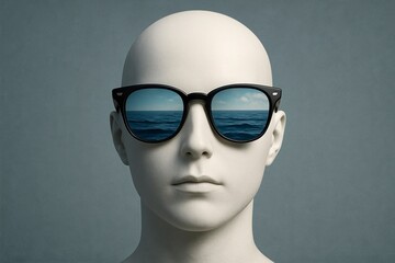 Faceless Mannequin with Sunglasses Reflecting Ocean Waves